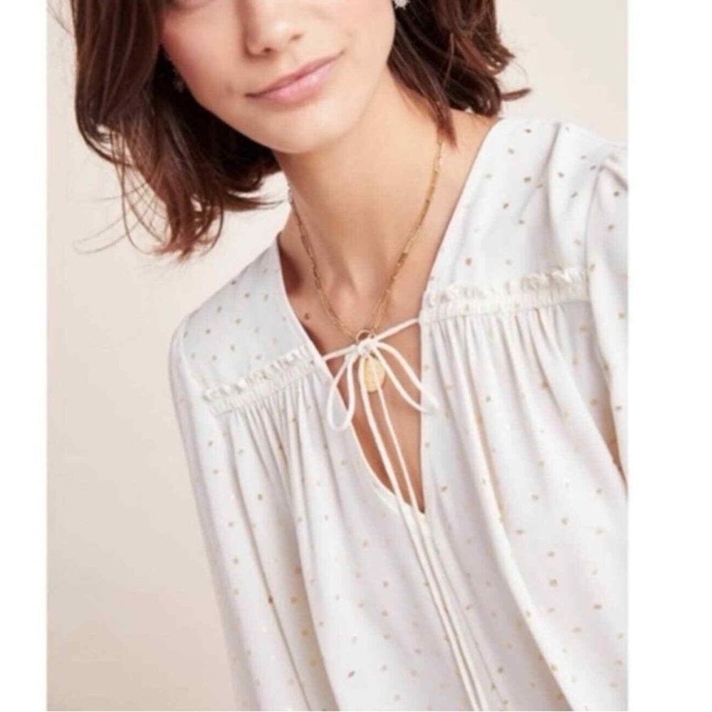 Current Air Bristol Gold Dot Sparkle Tie-Neck Blouse Cream, Anthropologie, Sz M